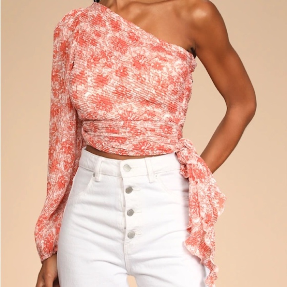 Lulus Women L Grow Toward Love Pink Floral Print Pleated One-Shoulder Top NWT